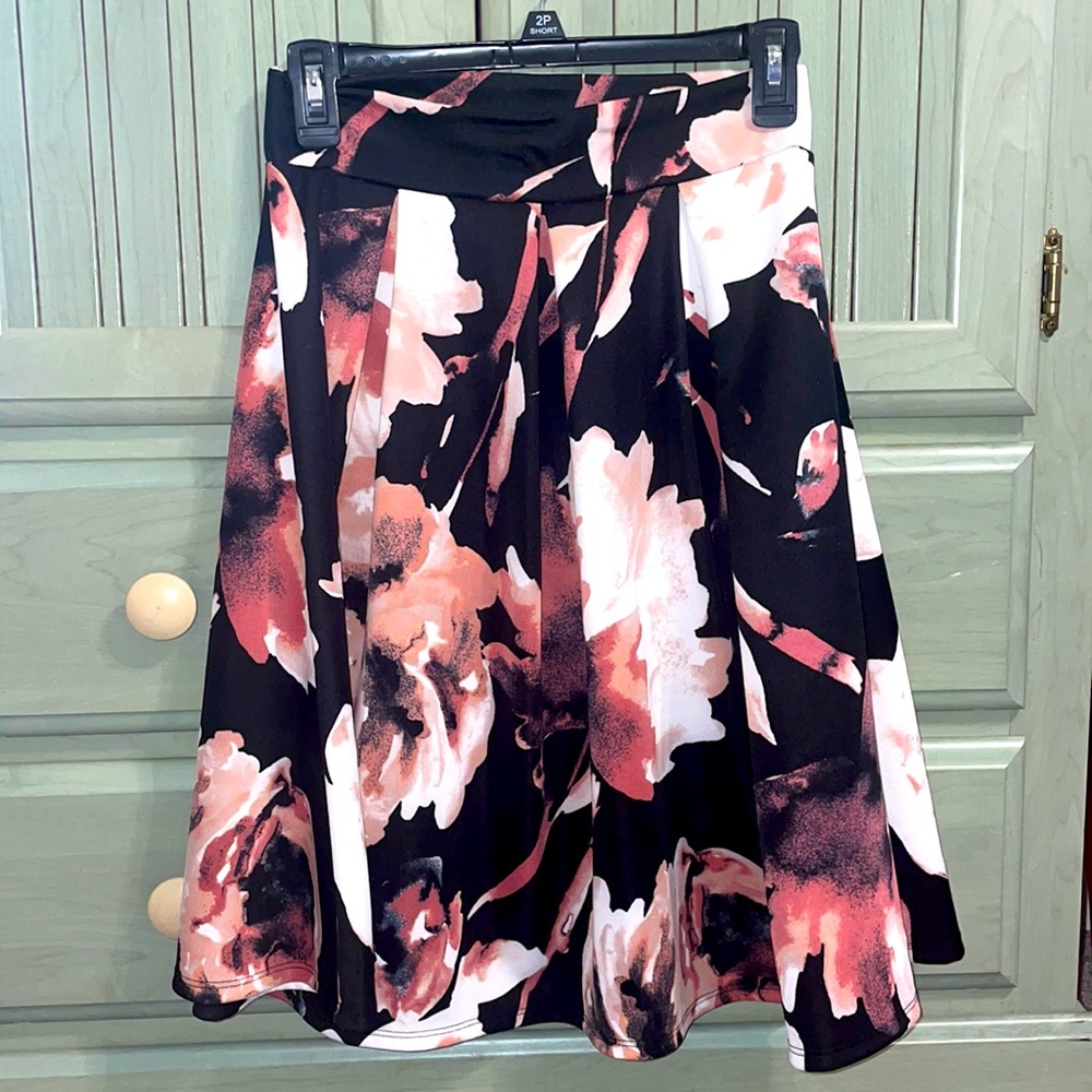See You Monday Black Floral A-Line Skirt with Pink Accents